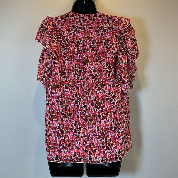 Anna Cate Ruffle Sleeve Blouse XS Pink Red Abstract Print V-Neck Feminine Top - Picture 2 of 7